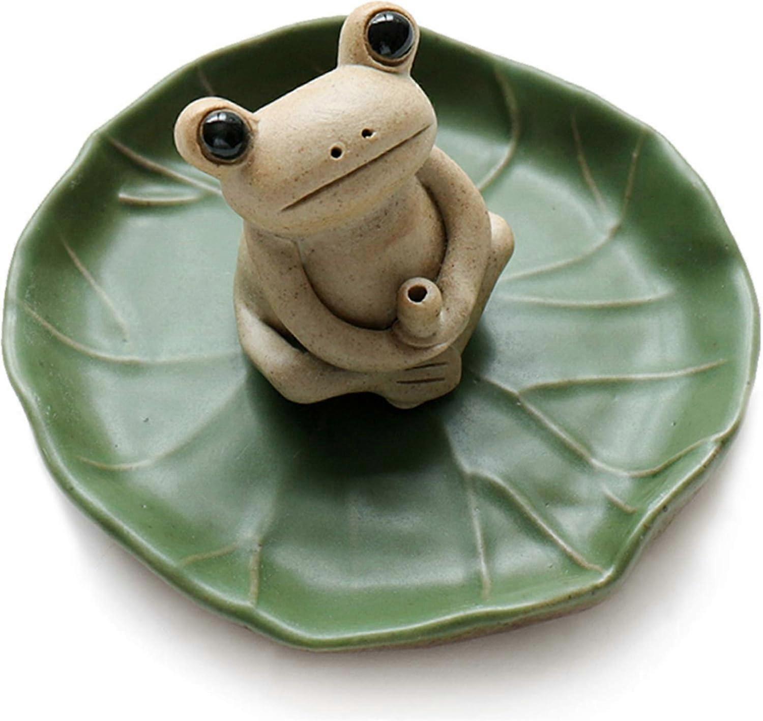 Ceramic Incense Holder, Unique Design, Decorative Frog on Lotus Leaf Tray