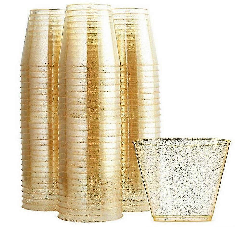 أكواب بلاستيكية ذهبية ، أكواب نبيذ شفافة مع لمعان ذهبي ، أكواب بلاستيكية صلبة فاخرة يمكن التخلص منها