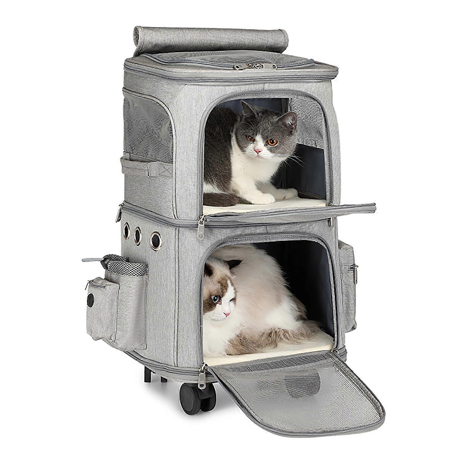 Extra Large Double Compartment Pet Backpack for 2 Cats, Ventilated with Wheels, Telescopic Handle, Gray, for Small and Medium Dogs