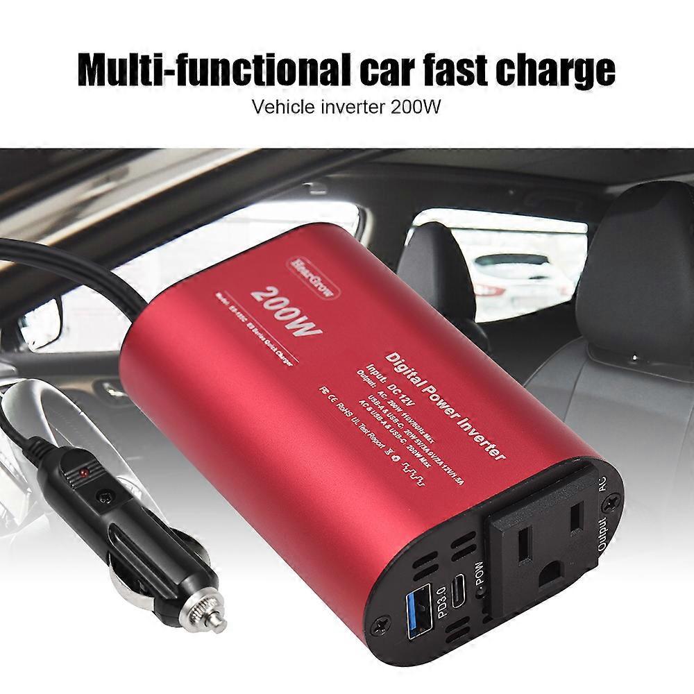 200W Power Inverter 12V to 110V AC Car Plug Adapter for Car Cigarette Lighter, Outlet Converter with USB + Type-C Car Charger for Phone Laptop Comput
