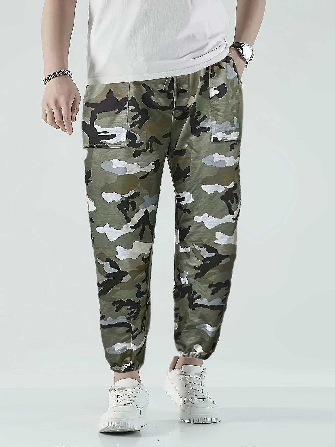 Men's Camouflage Print Sports Pants Pockets Casual Drawstring Joggers Outdoor Pants