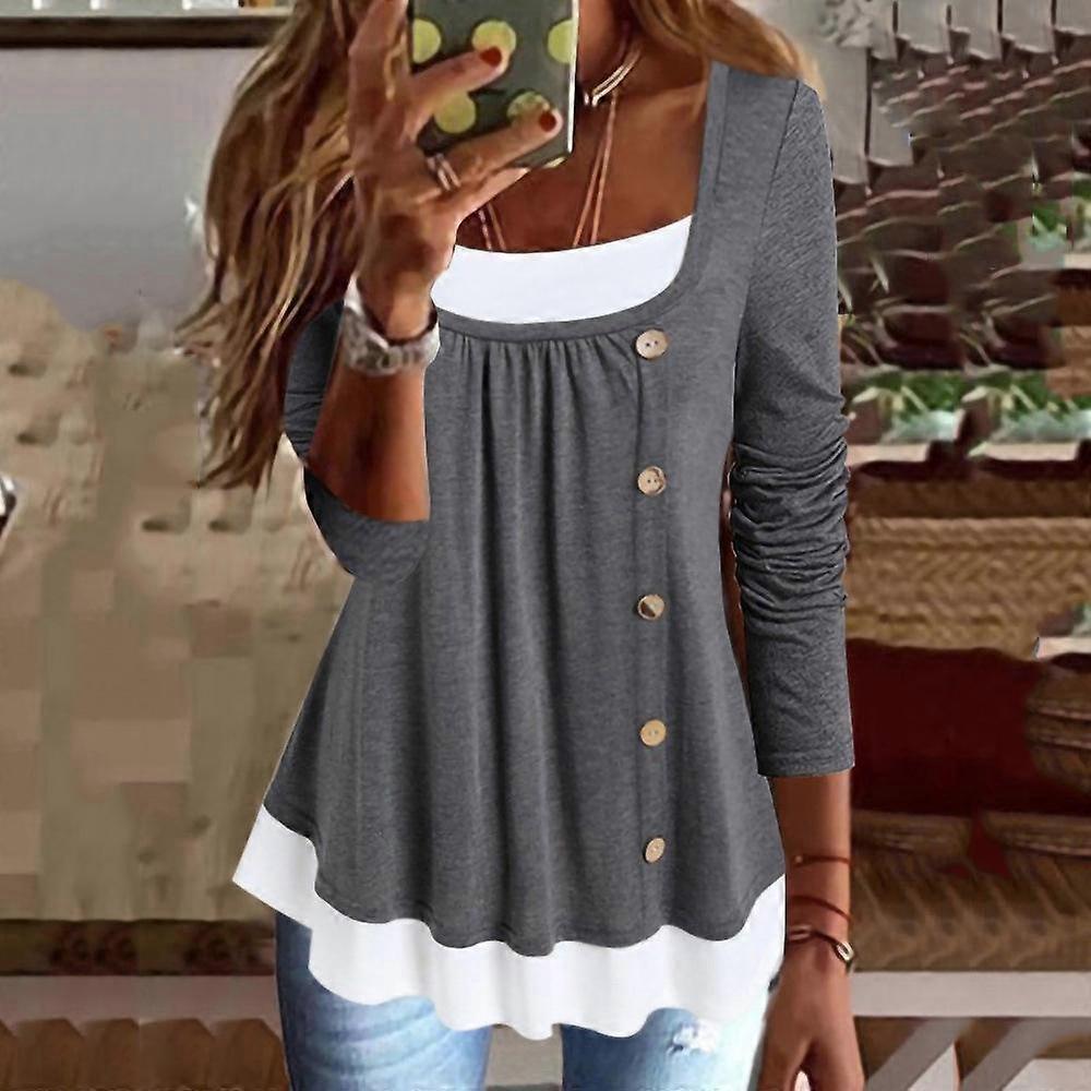 Spring and Autumn Women's Blouse Tops Casual Round Neck Long-sleeved Pullover Color Blocking Pleated Solid Color Button Women's T-shirt