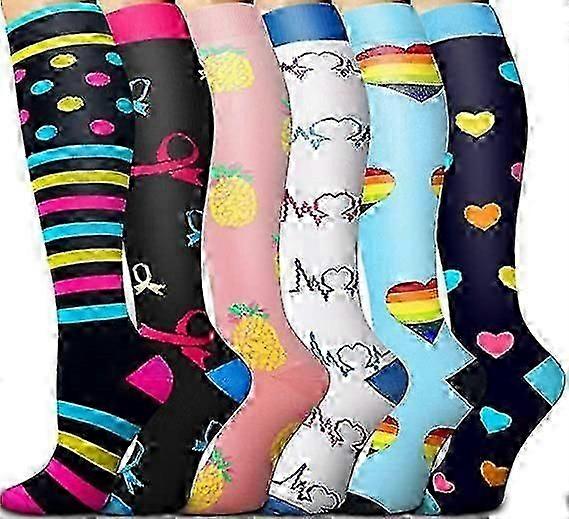 Compression Socks, 6 Pairs Colorful Breathable Long Tube Compression Socks, Non-Slip Flight Socks Running Socks