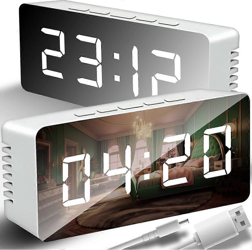 Alarm Clock Digital Mirror Digital Alarm Clock LED Adjustable Brightness Travel Alarm Clock Temperature Display Desk Clock USB Rechargeable