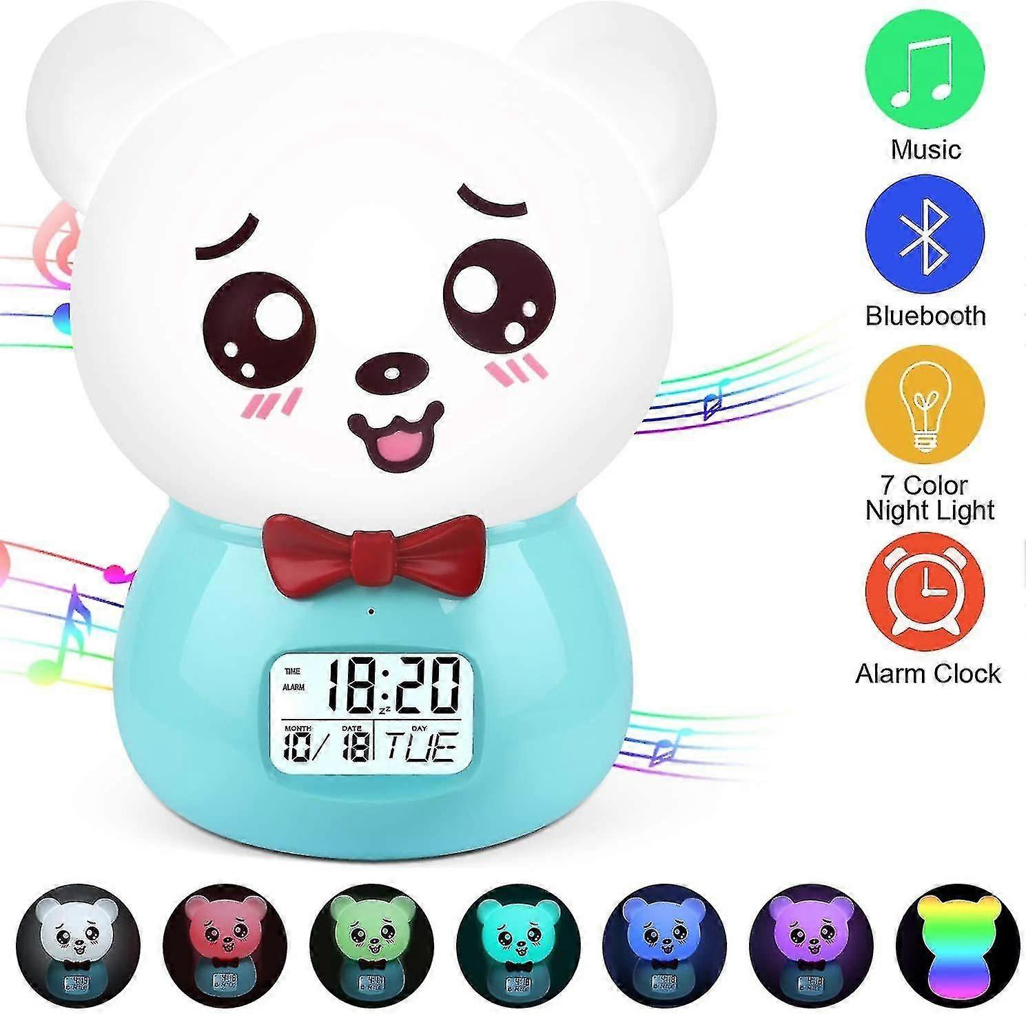 Alarm Clock Kids Digital, 7 Colors Silicone Pat Night Light Alarm Clock with Bluetooth Speaker Function Cute Bear Light Alarm Clock C