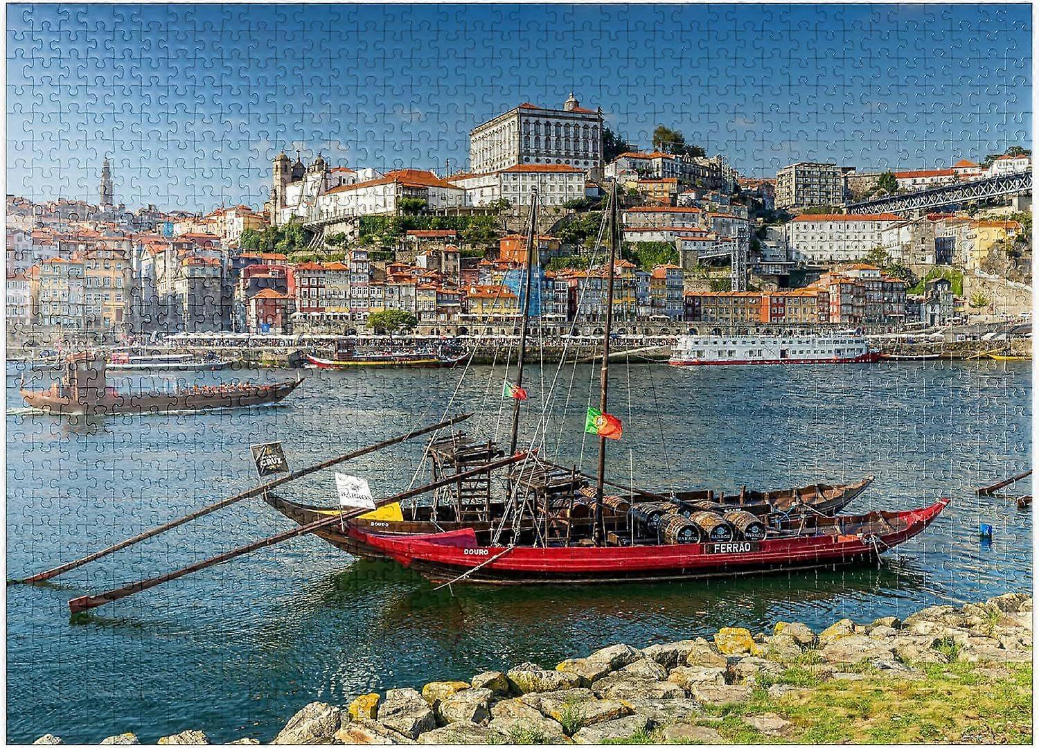 ポルトの旧市街リベイラへの眺めとドウロ川のラベロボート - 大人のためのプレミアム1000ピースジグソーパズルスタイル787