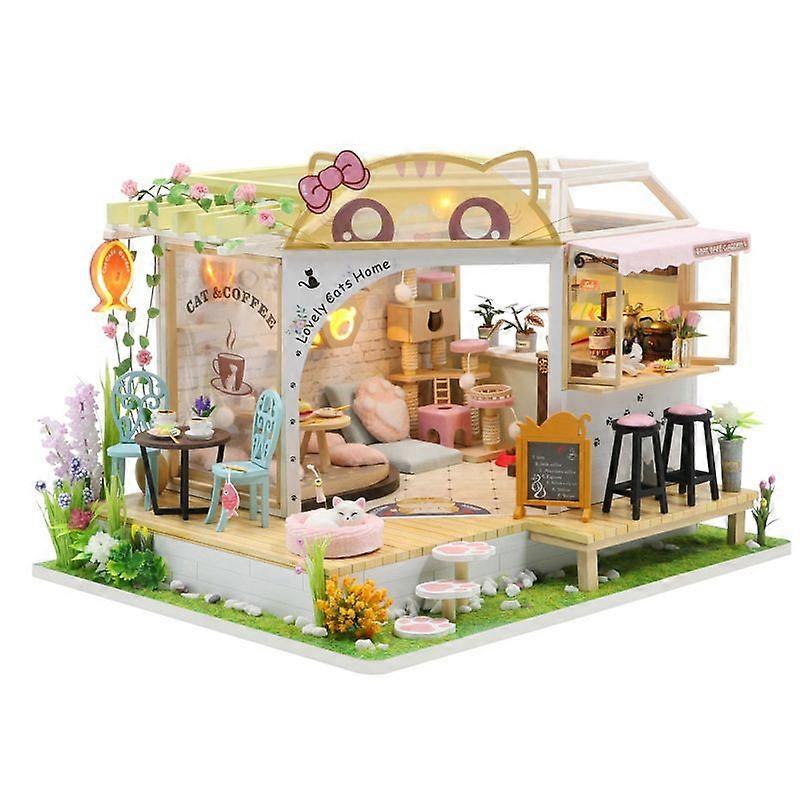 DIY creative assembly doll house leisure cat cafe small house wooden house with light puzzle game
