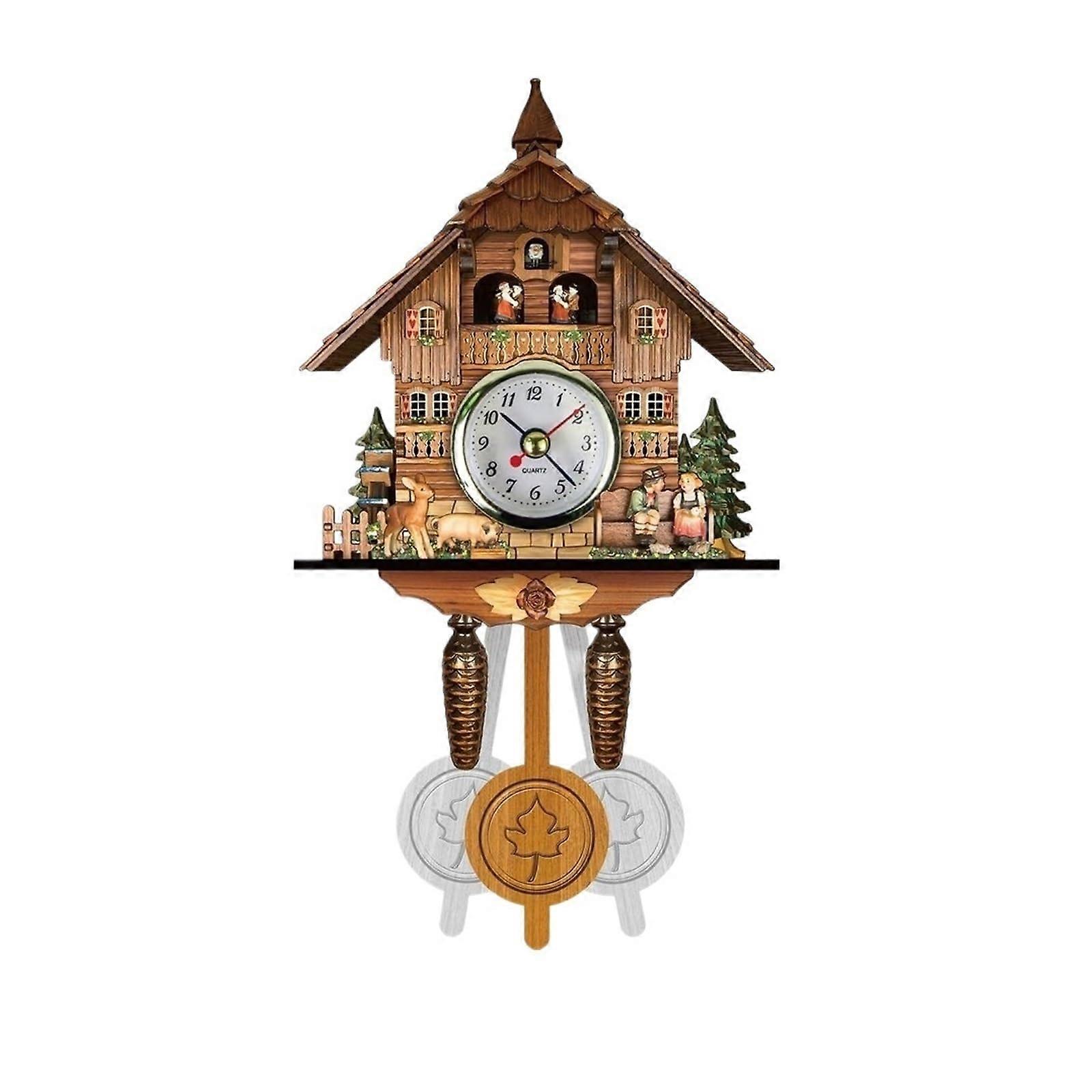 Cuckoo Clock Wooden Pendulum Clock with Swinging Bird for Home Decoration, Alarm Function, Living Room Accessory (Color: 10)