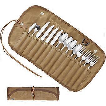 Set de vaisselle de camping, Set de vaisselle pour 4 personnes, Set de vaisselle de camping, Couteau d’extérieur, fourchette, cuillère, couverts de camping, rouleau de couverts, sac de rangement