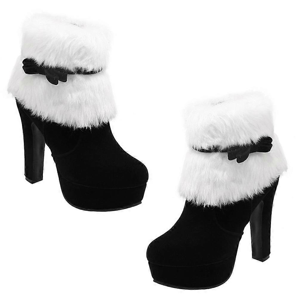 Women Black Ankle Boots High Heel Thicken Platform Plush Ankle Shoes Short Boot Suede Waterproof Nonslip 1Pair