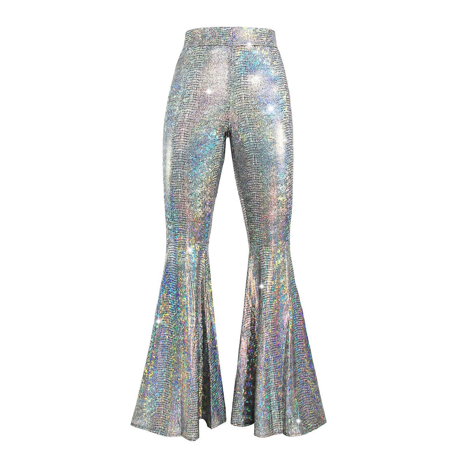 Sparkles Sequins Flares Pants Elastic High Waist Glitter Dance Pants Night Out Clubwear Women Wide Leg Palazzo Pants  XL Silver