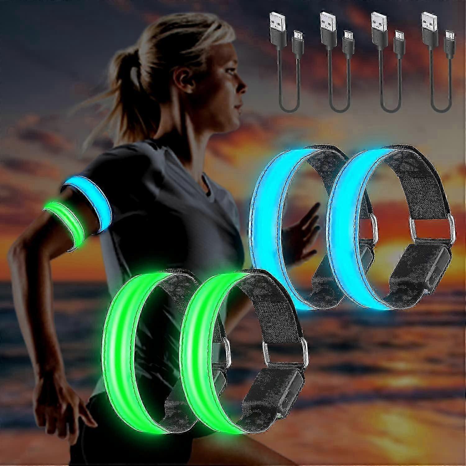 4 Pack Usb Rechargeable Led Light Wristbands, Reflective Led Running Wristband, Adjustable Flashing Band, Safety Led Light Wristband For Arm/wrist/ank