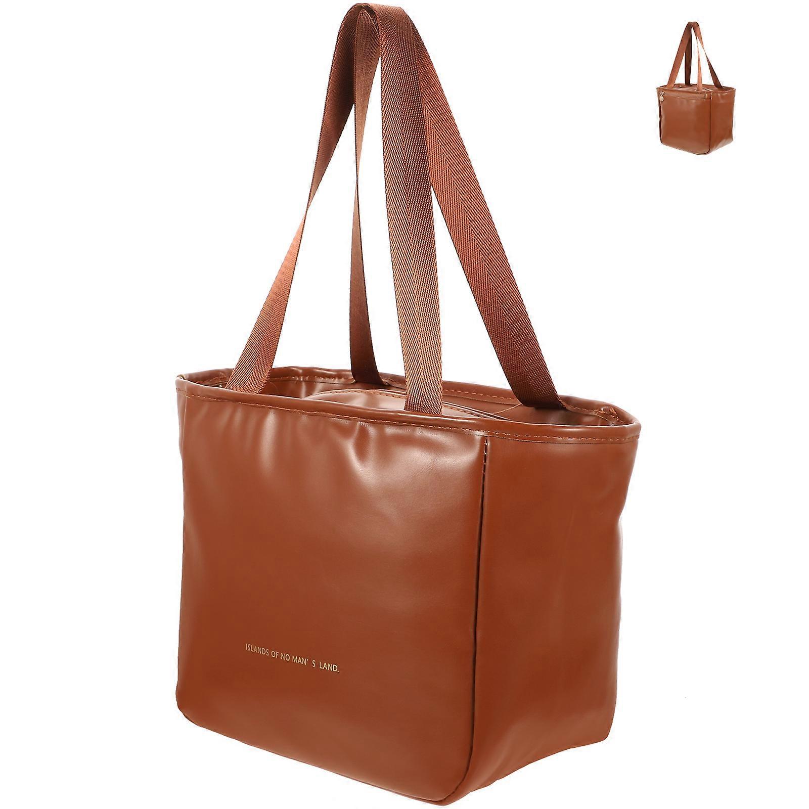Coffee PU Reusable Lunch Bag with Double Handles and Zipper Design for Storage 7.5"x4.3"x10.2"