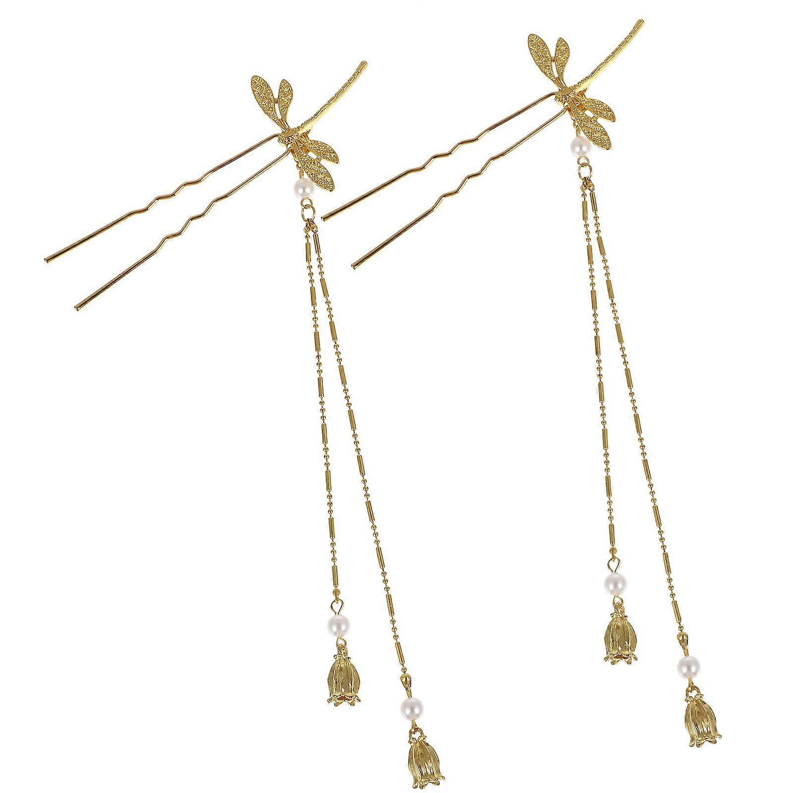 Golden Alloy Hair Sticks with Dragonfly and Tassel Design for Decoration 2pcs