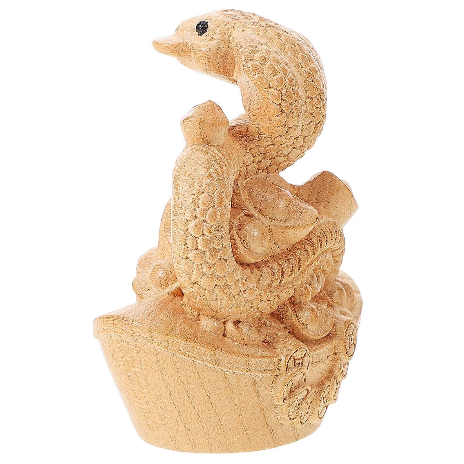 Wooden Snake Figurine, Hand Carved Adorable Statue for Home Office Tabletop Ornament Garden Decoration
