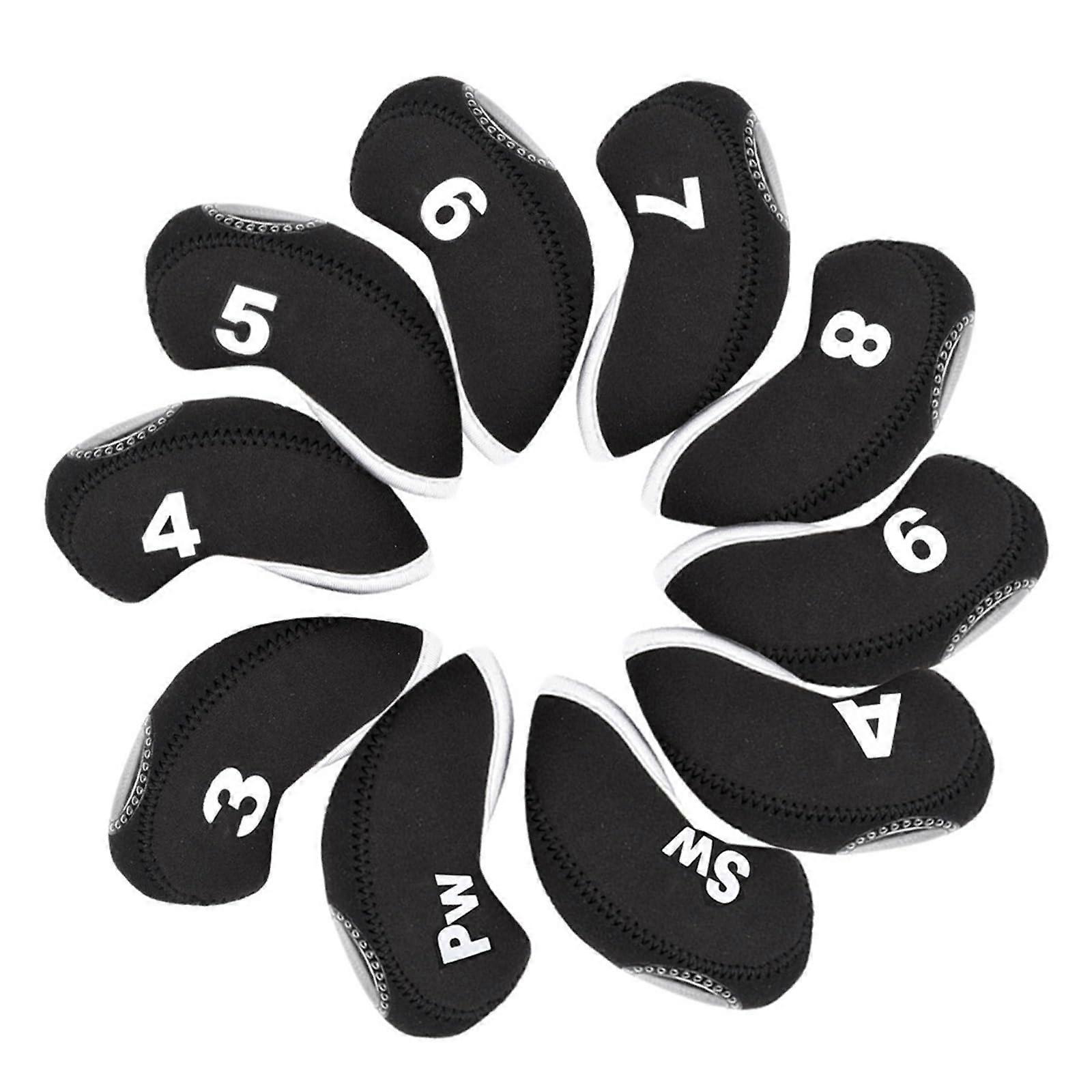 Golf club head covers with number markings (4 5 6 7 8 9 P A S) Universally compatible for men's and women's clubs, 10piece set, black.