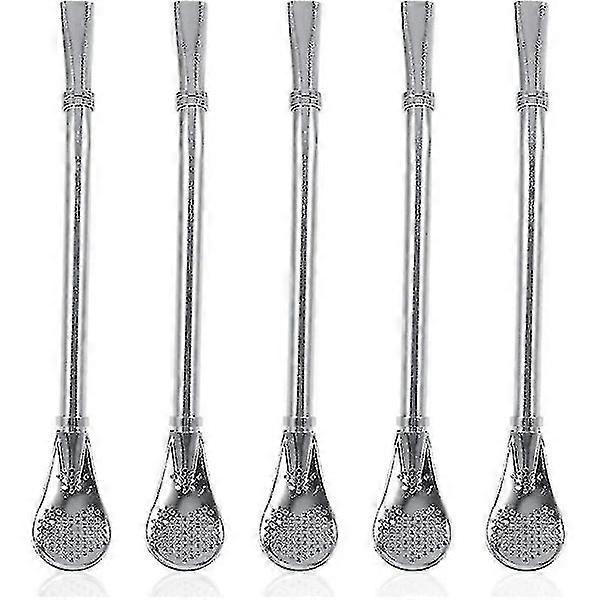 Stainless steel drinking straw, tea strainer, filter, spoon (5 pcs, silver)