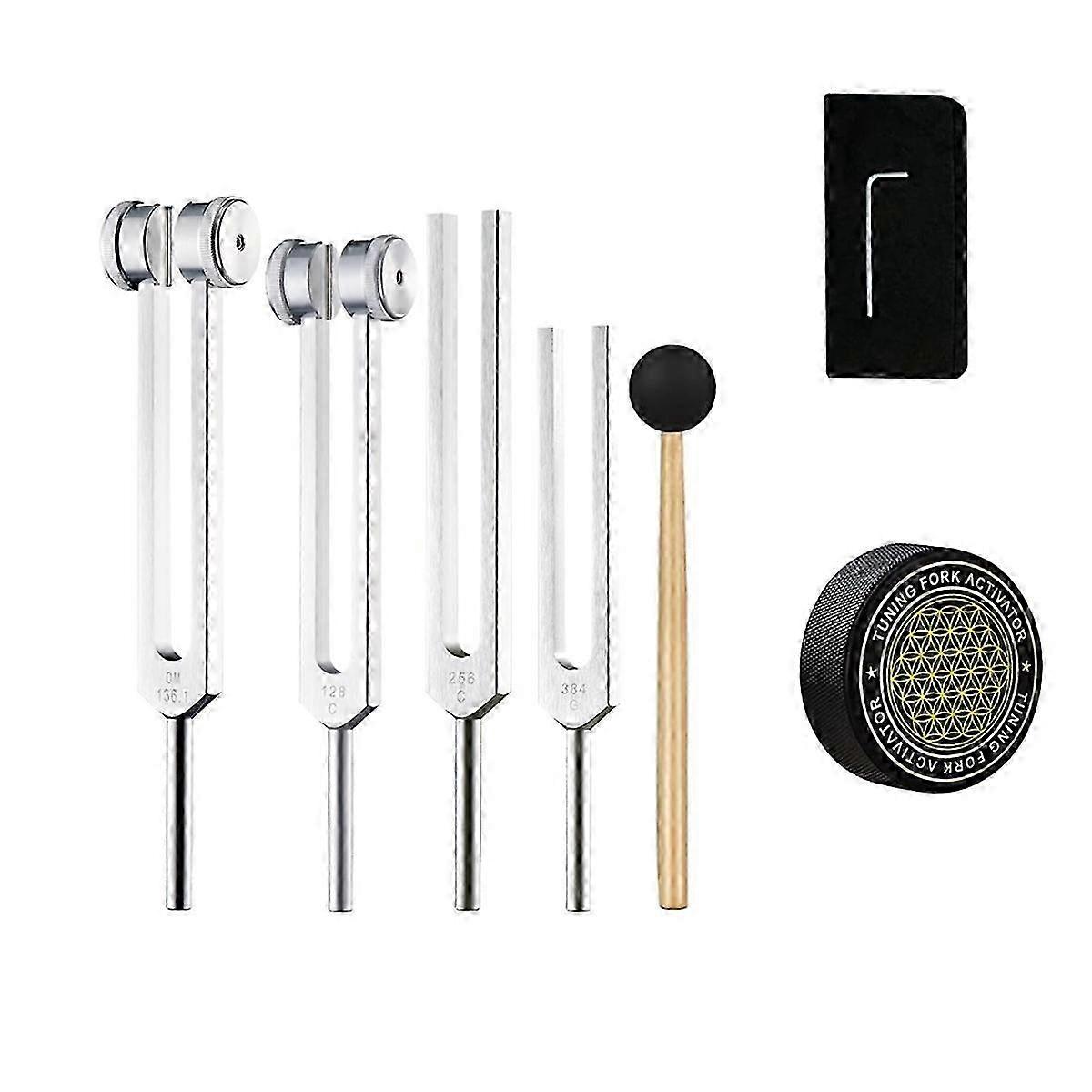 Tuning Forks for Healing Set, 128Hz, 136.1Hz, 256Hz, 384Hz,with Hockey Puck Activator , for Chakras, Sound Therapy 0619