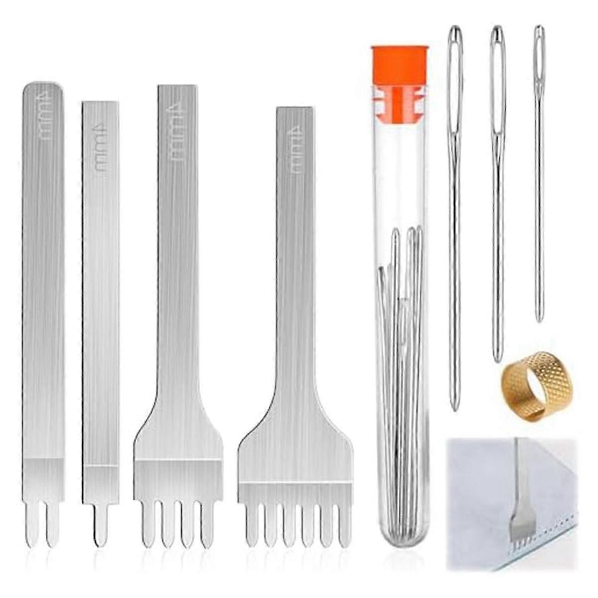 14Pcs Leather Working Tools with 4mm 1/2/4/6 ProngLeather Punch and Eye Stitching Needle for Beginn