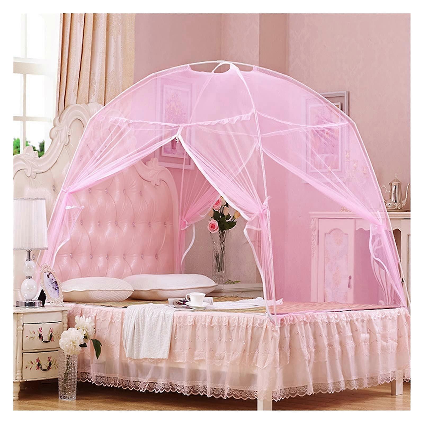 Pop Up Mosquito Net Yurt Style Foldable Bed Canopy Pink 120x195x135 cm Single And Double Dormitory Double Door