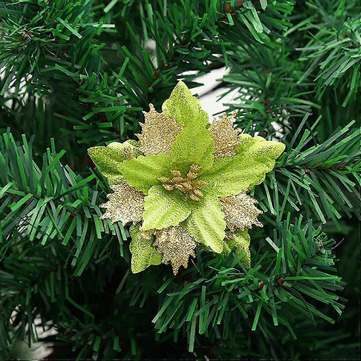 Improved Title: 12 Pack Glitter Poinsettia Artificial Flowers for Christmas Tree Decoration with Green