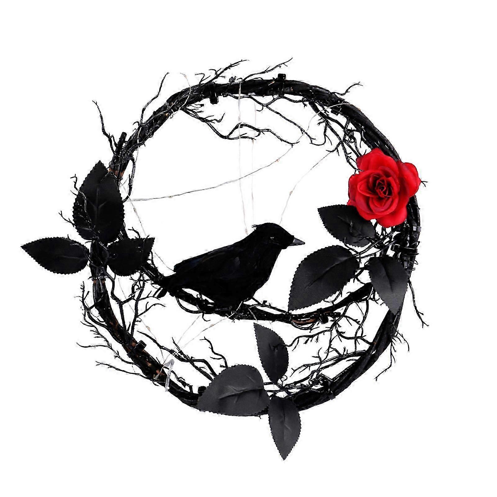 Easy Black Crow Wreath for Holiday Battery Powered Front Door Garland with LED Purple Lights Party Decor