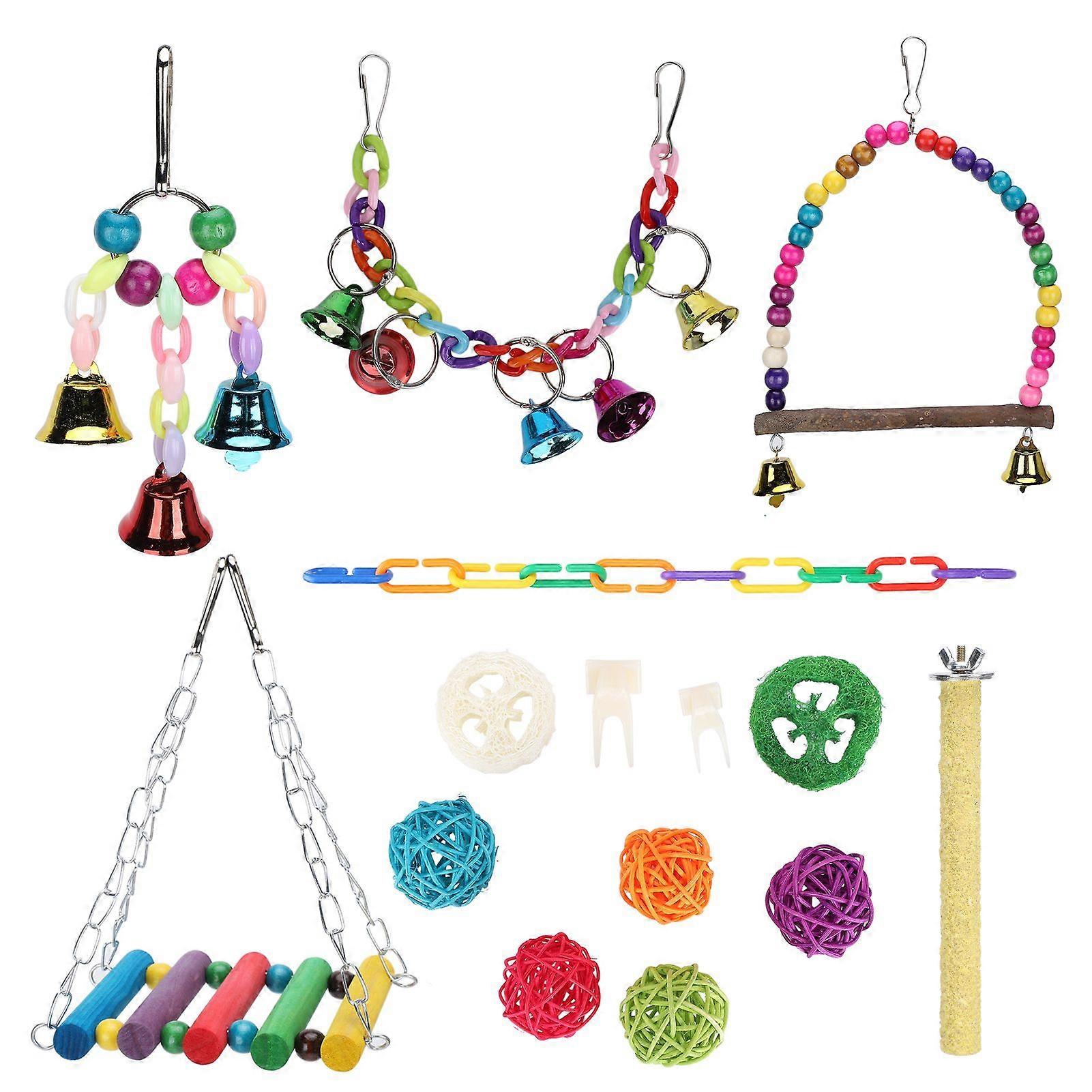 15Pcs Parrots Chewing Perch Toy Set Bird Bite Cage Hanging Hammock Swing Bell Toys