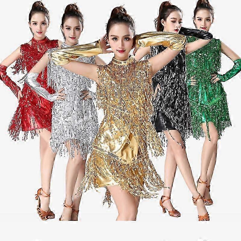 Dam Dans Kläder Elegant Kortärmad Latin Paljetter Frans Amerikansk dans Klänning Flickor Träna Danskläder Scenkostym