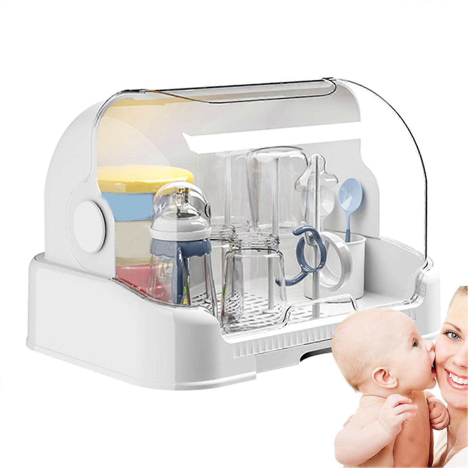 Baby Bottle Drying Rack With Removable Drip Tray Dustproof Countertop 6 Racks For Toddler Bottles And Storage Box White
