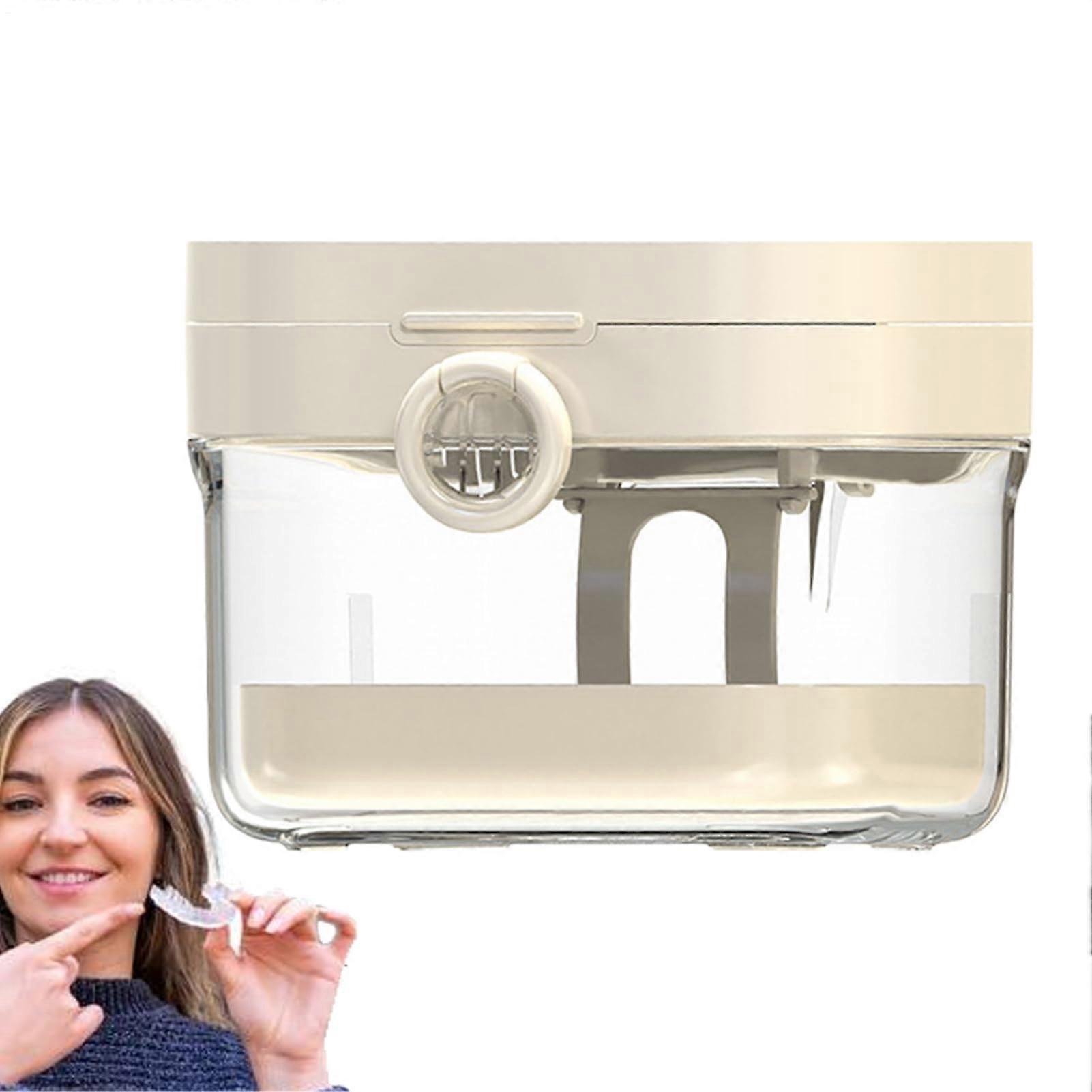 Braces Storage Box with Cleaning Tools, Leakproof Waterproof Denture Bath Container, 3.62x2.8x3.78 Inches for Home and Travel Hygiene
