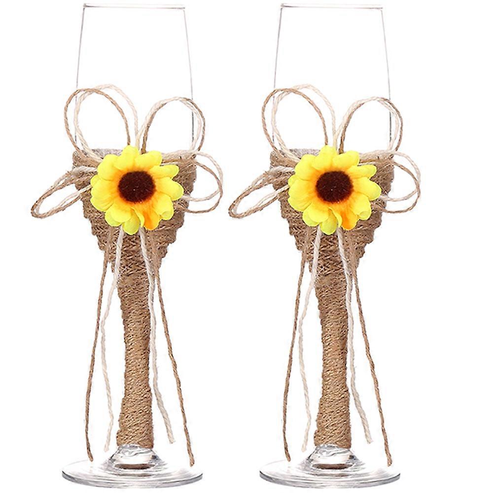 Rustic Rope Wrapped Wedding Wine Glasses Sunflower Goblets 2Pairs