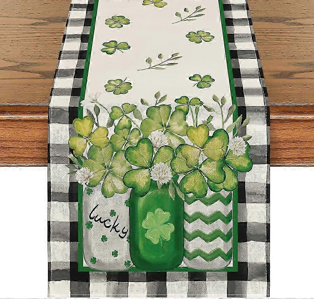 Lucky Clover Vase St. Patrick's Day Table Runner, Seasonal Spring Buffalo Plaid
