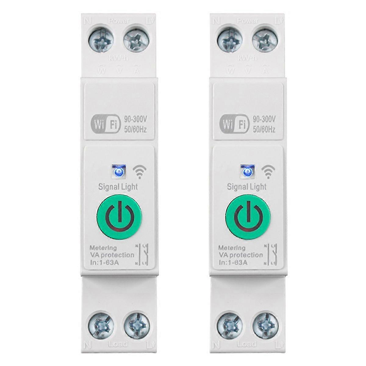 2X Tuya WiFi Smart Circuit Breaker 1P+N 63A Din Rail Switch with Electricity Statistics Remote Voice