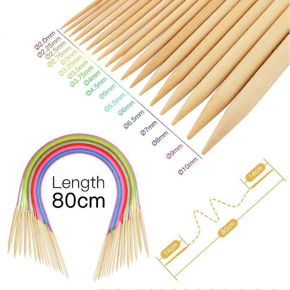 Circular Knitting Needles 18 Sizes Bamboo Pointed Round Needles with Flexible Colorful Tube DIY