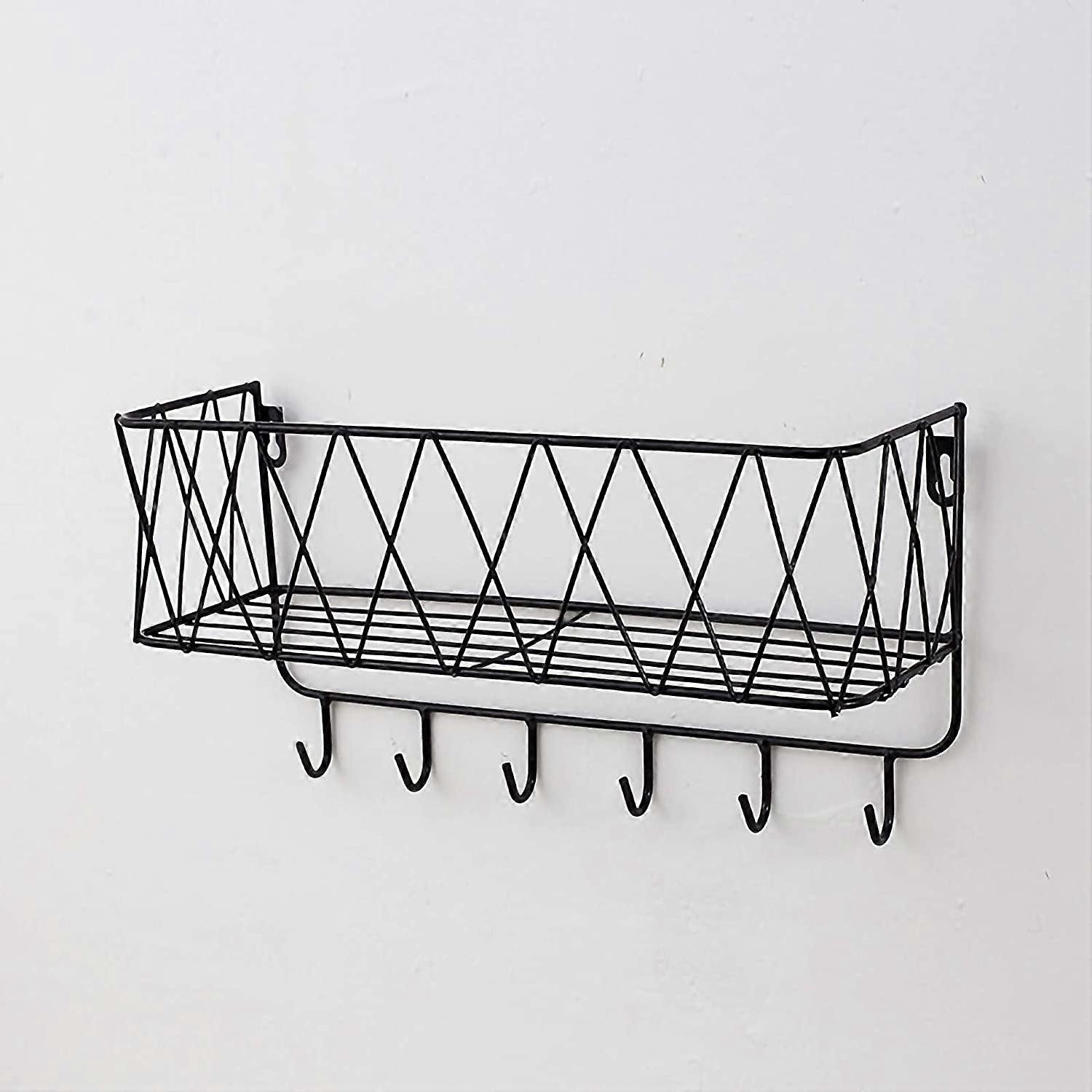 Wall Shelf Floating Shelf with Metal Grid, Wall Shelf with Hooks, Towel Rail, Wall Wardrobe Floating Home Decor