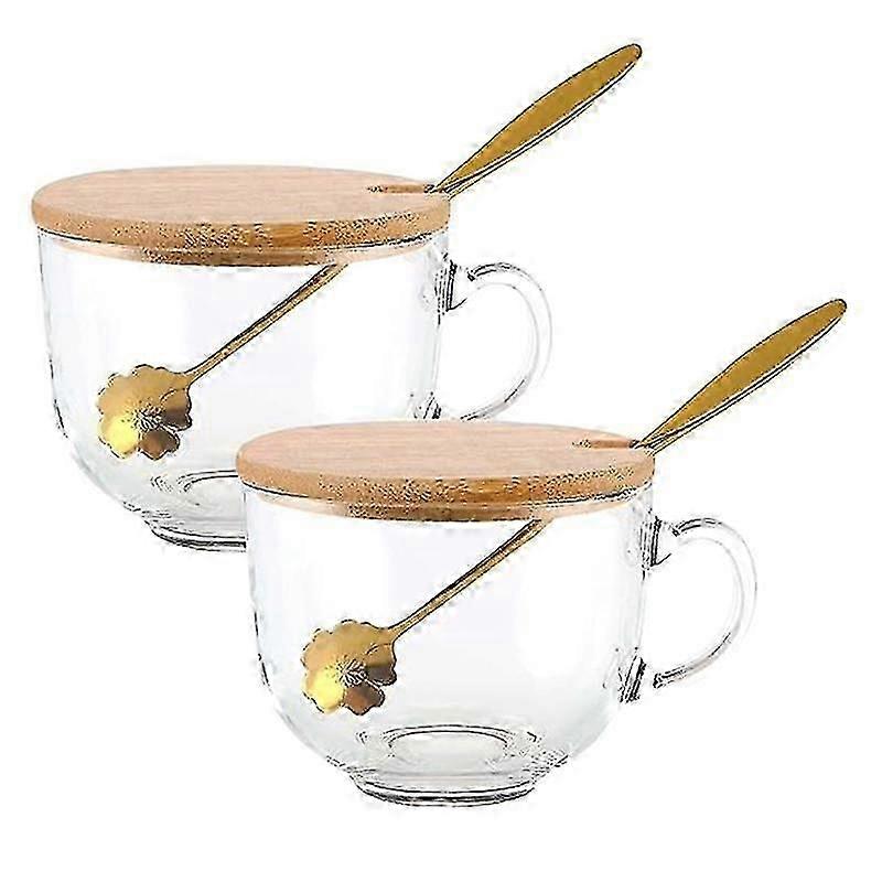 Coffee Mugs With Handle, Glass Cups With Bamboo Lids Spoons, Clear Drinking Glasses For Tea,cereal