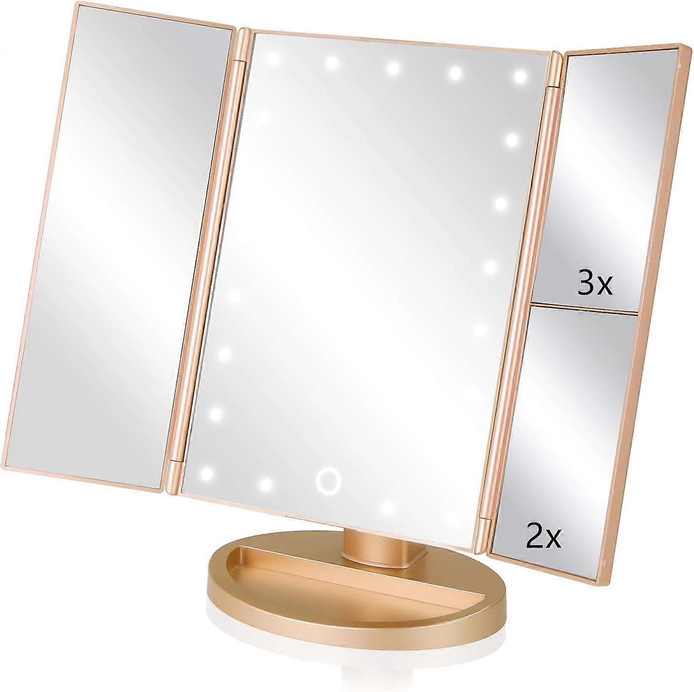Folds Lighted Vanity Makeup Mirror,1X/2X/3X Magnification, 21 LED Bright Table Mirror with Touch Screen,180 Adjustable Rotation
