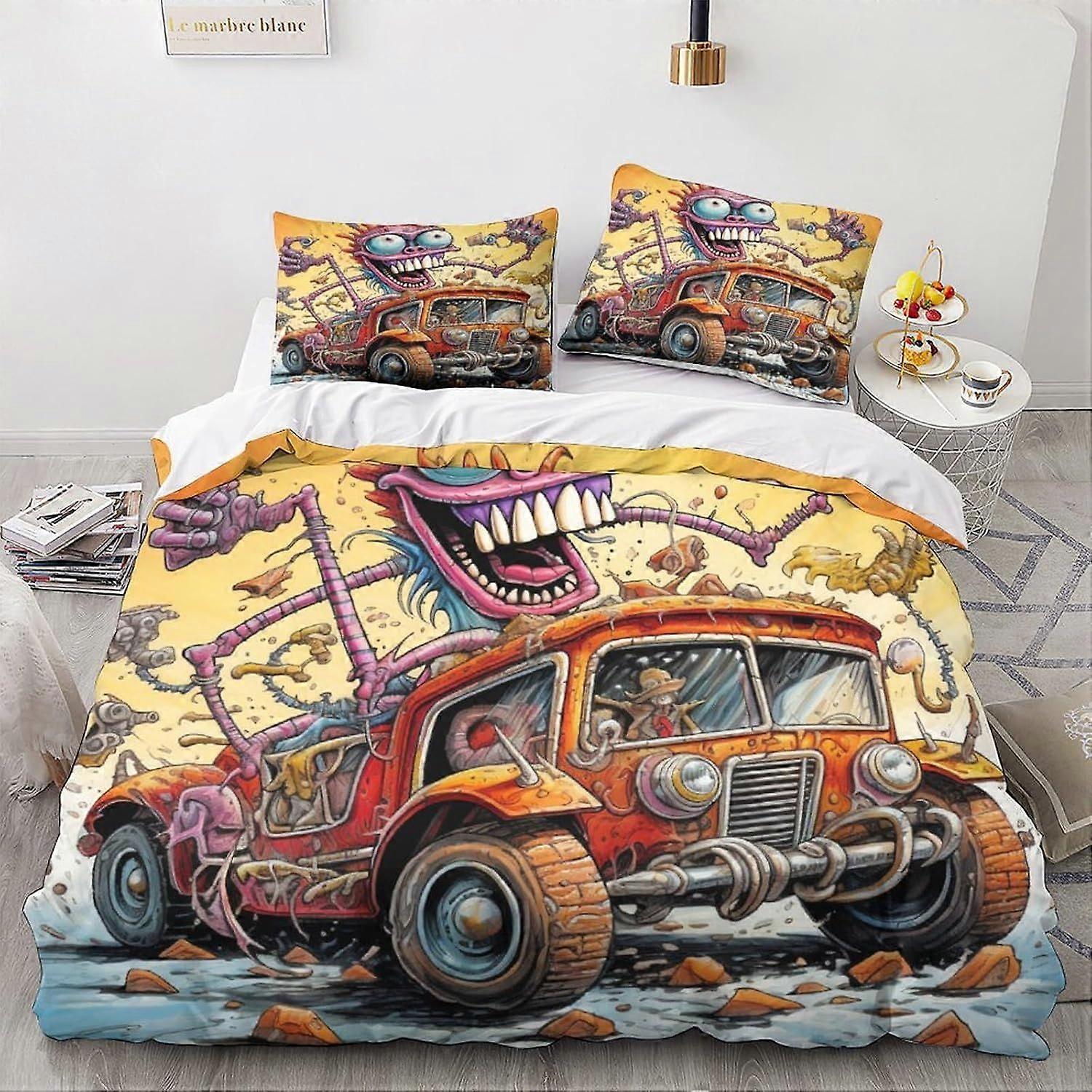 LikeEj Monster Duvet Capa com fronhas Vintage Car Pattern Cartoon Bedding Set com fechamento com zíper Capa macia de colcha de microfibra