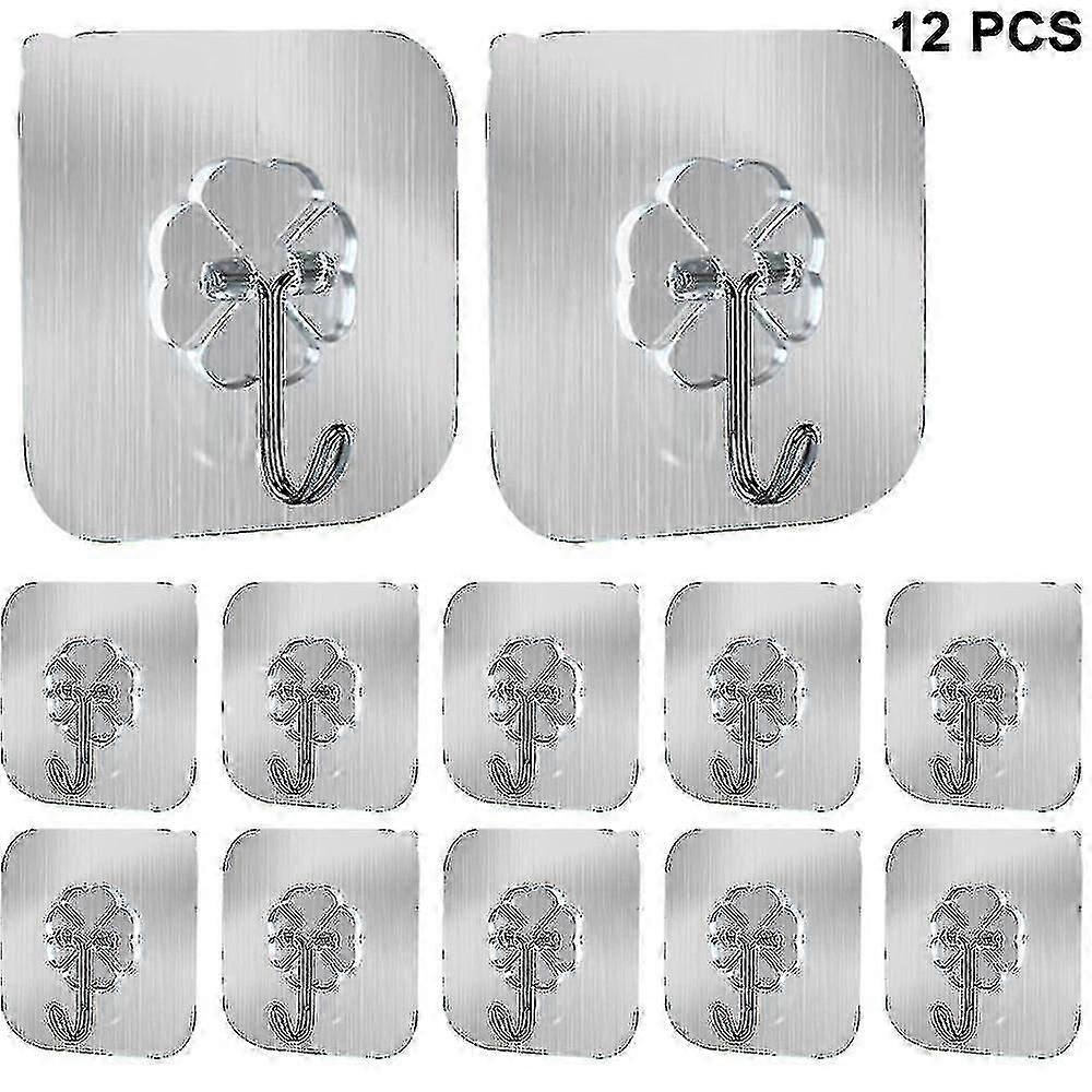 12 Pcs Self Adhesive Sticky Hooks, Transparent Wall Hooks No Drilling