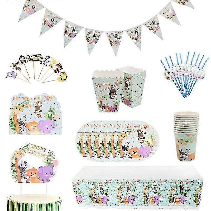 Forest Jungle Zoo Birthday Party Set with Tablecloth, Cups, Plates, and Banner
