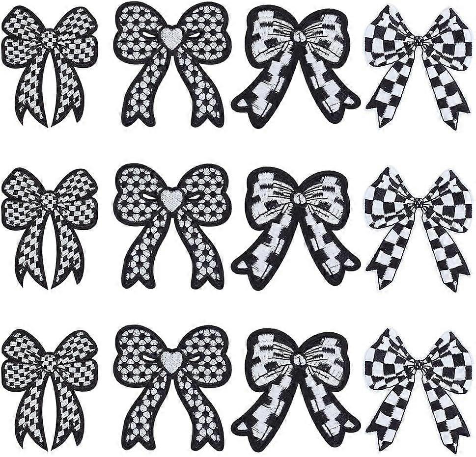 12Pcs 4 Styles Checkered Iron on Patches 2.7~3" Embroidered Fabric Patches Applique Iron On Patch Bows Black Patch for Summer Clothe Jean Backpack Hat