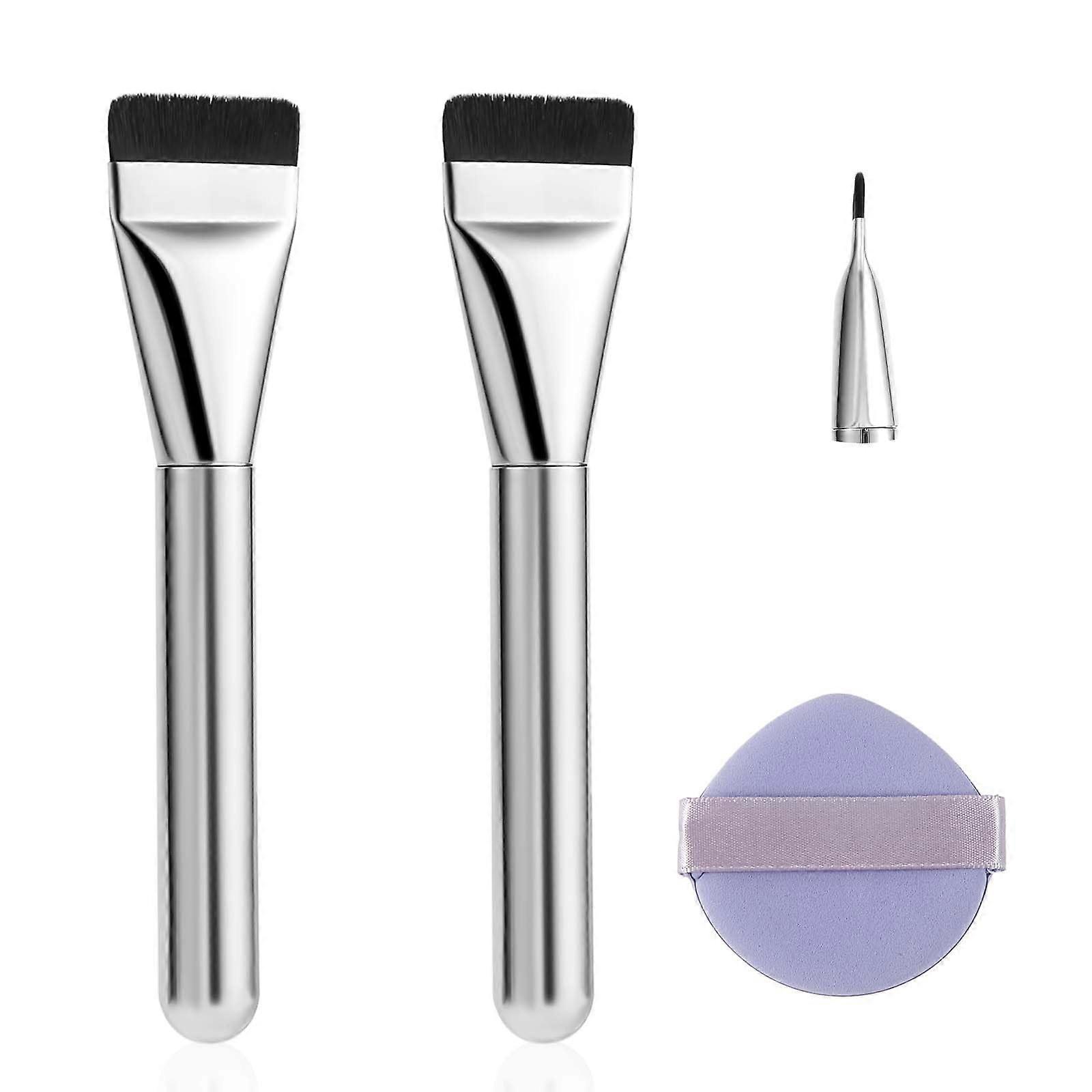 3pcs Flat Foundation Brush Set with Makeup Puff, Soft Fiber Bristles for Flawless Coverage