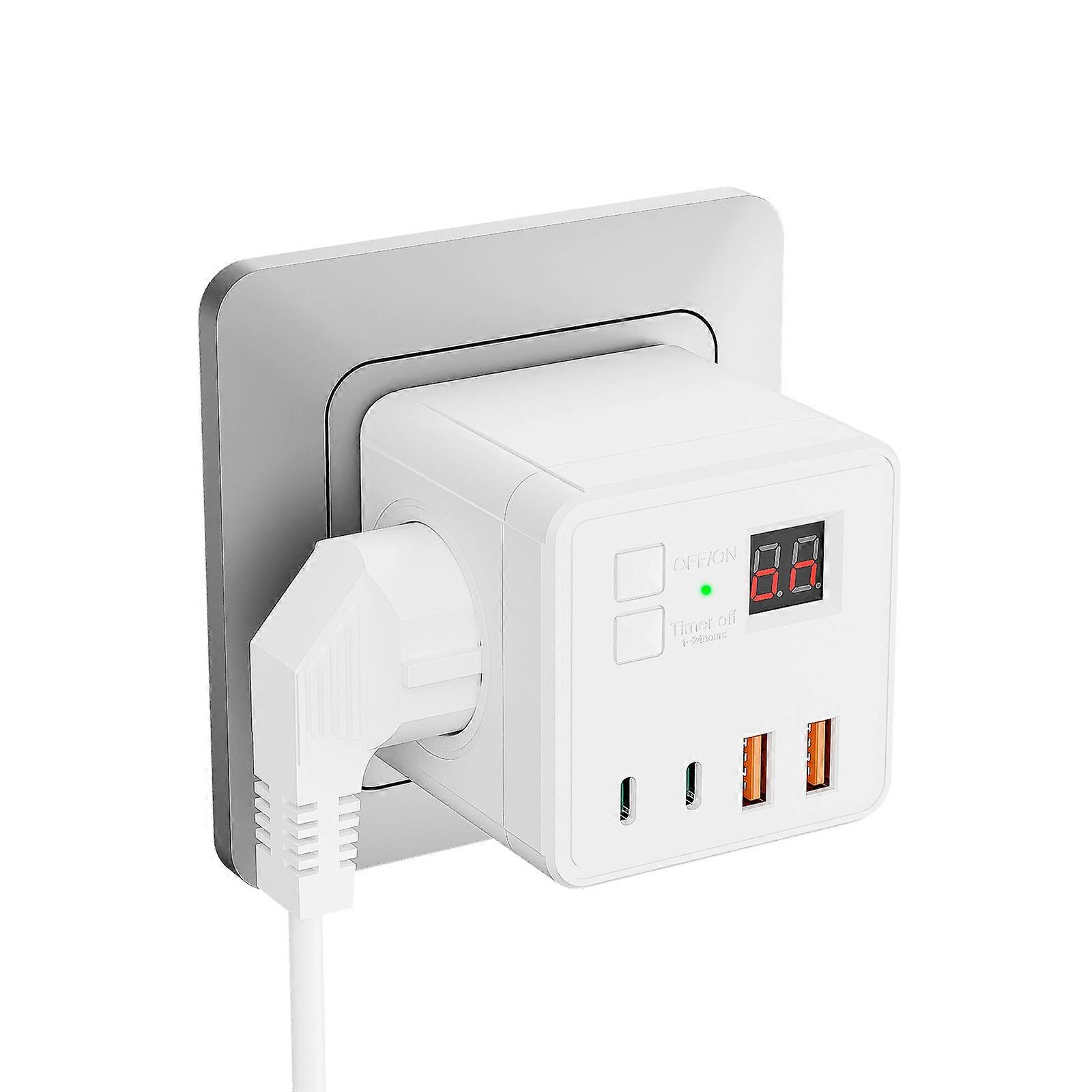 1 7-in-1 EU power strip, power strip surge protector, 3 AC sockets 3 USB 1 Type-C, timed off desktop charging station, suitable