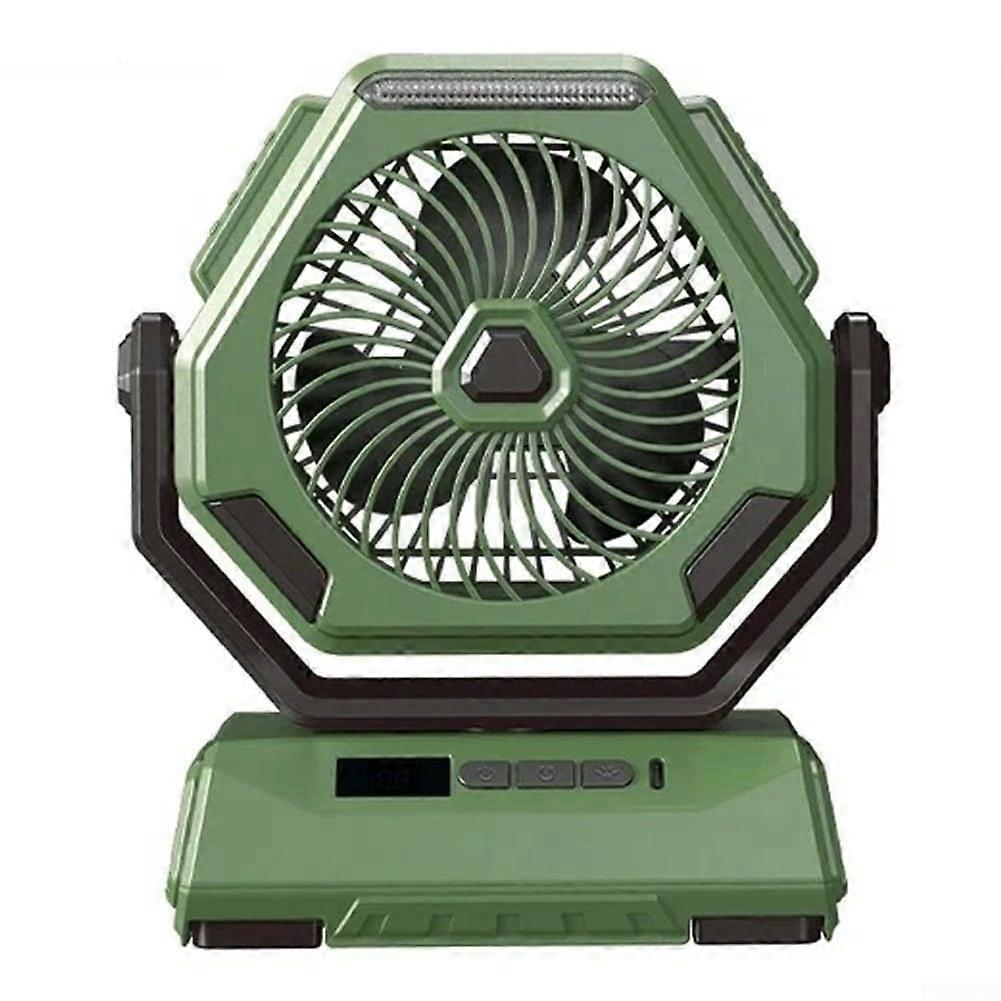 Rechargeable Multi Speed Outdoor Ceiling Fan with LED Lights for Camping, Green Color, Portable Design, Weather Resistant