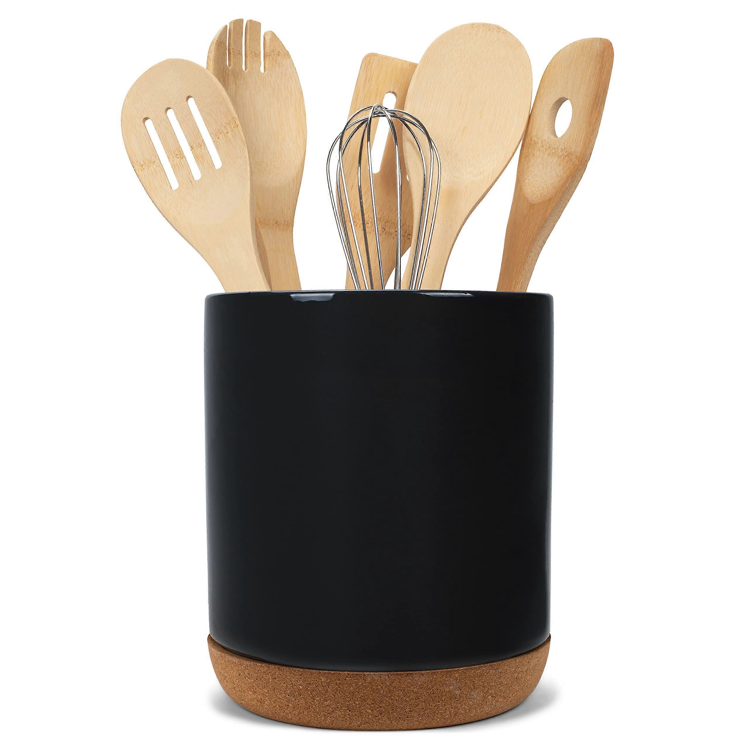 Large Glossy Black Ceramic Utensil Holder with Protective Cork Base for Kitchen Countertop