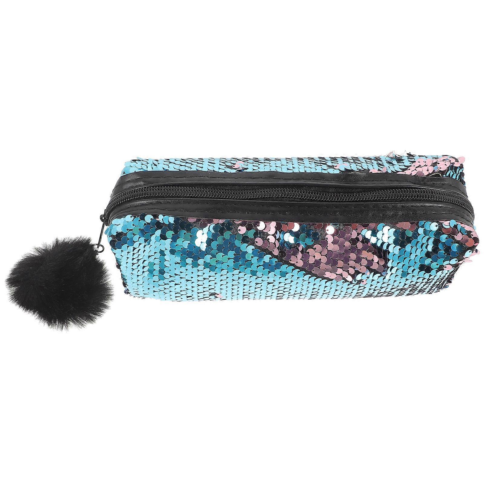 Creative Sequins Pencil Case for Storage Blue Zipper Pencil Bag