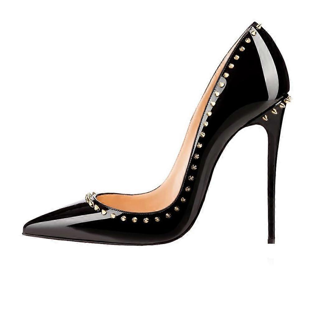 Women  Heels Stiletto 12CM Sexy Pointed Toe PU Dress Pumps Black Studded Wedding Heels