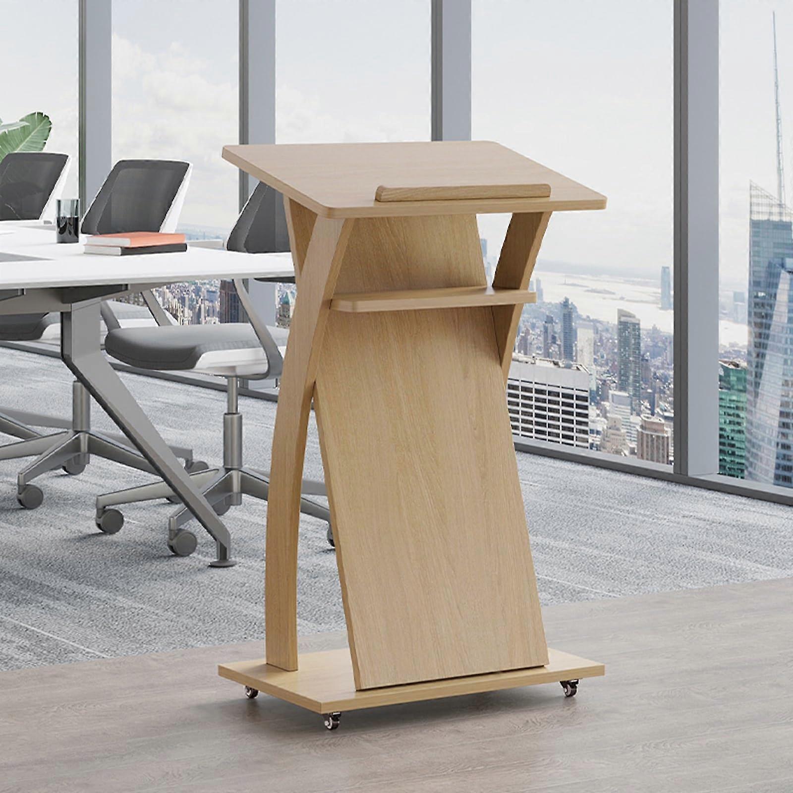 Rolling Podium Stand with Height Adjustable Tilting Tabletop and Storage, Standing Desk with Wheels