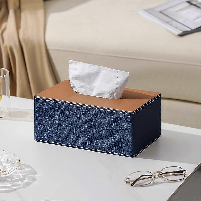 Leather Tissue Box Cover, Large Blue Rectangular Holder for Home and Office