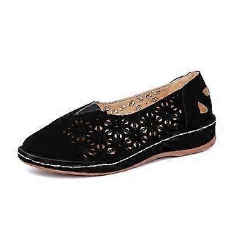 Damesko med hule komfortslip-on ballerinasko i læder med flade sko og hule kilehæle, afslappet stiletto, store størrelser, enkeltsko, 43, sorte